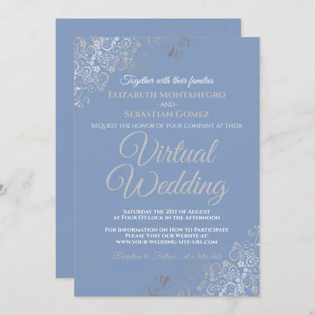 Silver Frills Light Blue and Gray Virtual Wedding Invitation | Zazzle