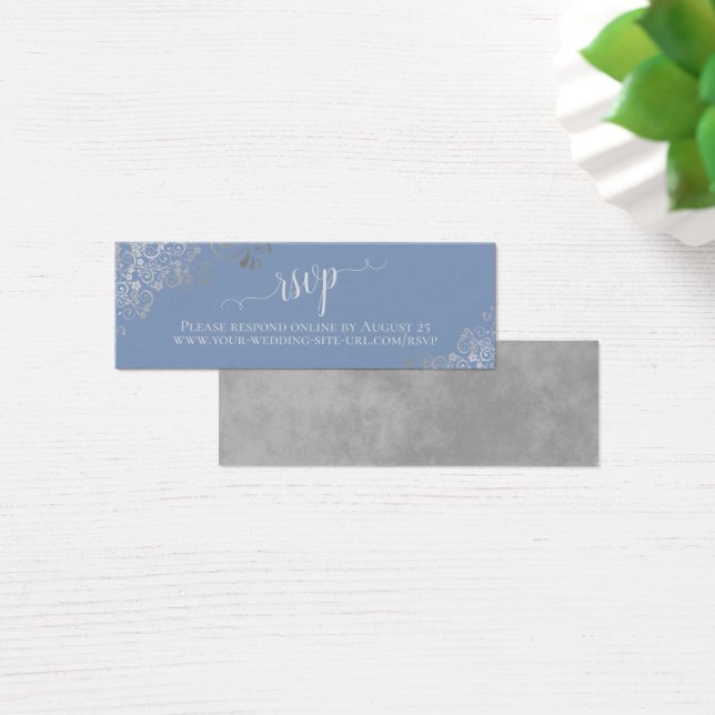Silver Frills Light Blue Wedding RSVP Online Card (Desk)