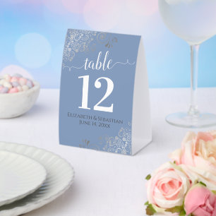 Silver Frills Light Blue Wedding Table Number Paper Table Tent