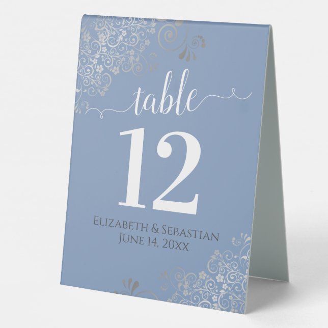 Silver Frills Light Blue Wedding Table Number Table Tent (Back)
