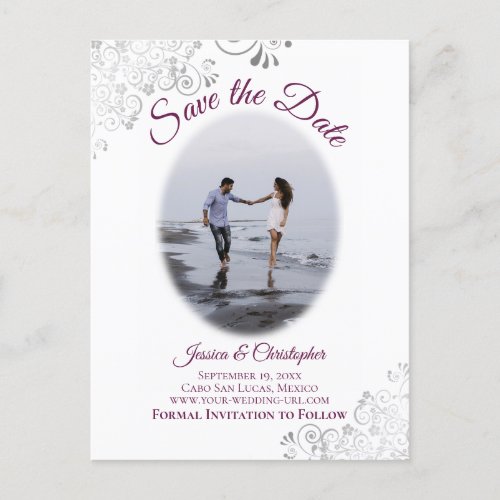 Silver Frills Magenta Photo Wedding Save the Date Announcement Postcard