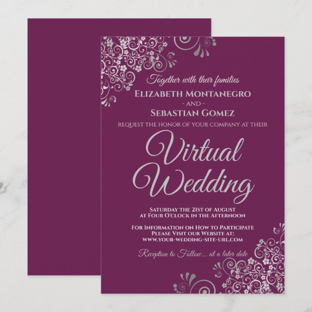 Silver Frills Magenta Plum Chic Virtual Wedding Invitation (Front/Back)