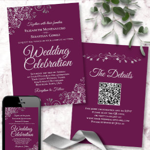 Silver Frills Magenta Plum Elegant QR Code Wedding Invitation