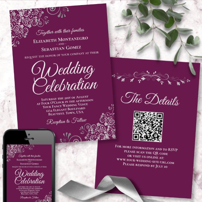 Silver Frills Magenta Plum Elegant QR Code Wedding Invitation (Creator Uploaded)
