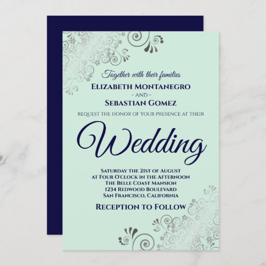 Silver Frills Mint Green & Navy Blue Chic Wedding Invitation 