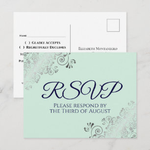 Silver Frills Mint Green & Navy Blue Wedding RSVP Postcard