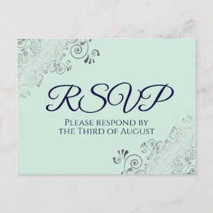 Silver Frills Mint Green & Navy Blue Wedding RSVP Postcard