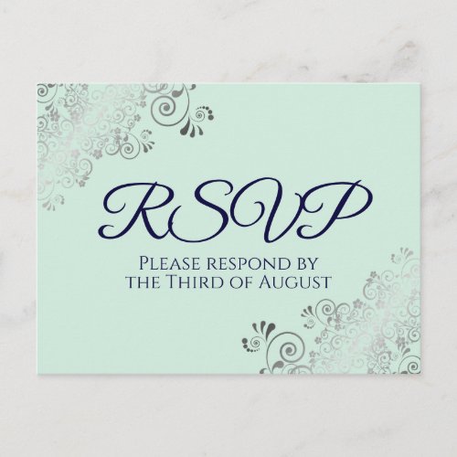 Silver Frills Mint Green  Navy Blue Wedding RSVP Postcard