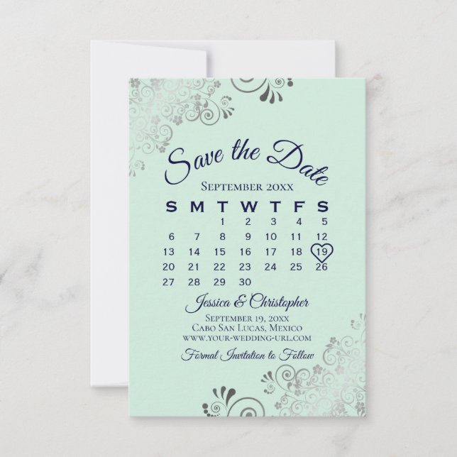 Silver Frills Mint Green & Navy Wedding Calendar Save The Date (Front)