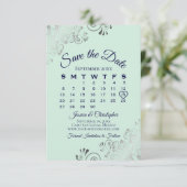 Silver Frills Mint Green & Navy Wedding Calendar Save The Date (Standing Front)