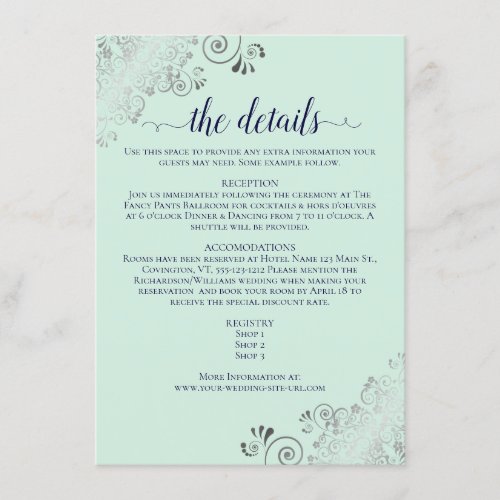 Silver Frills Mint Green  Navy Wedding Details Enclosure Card