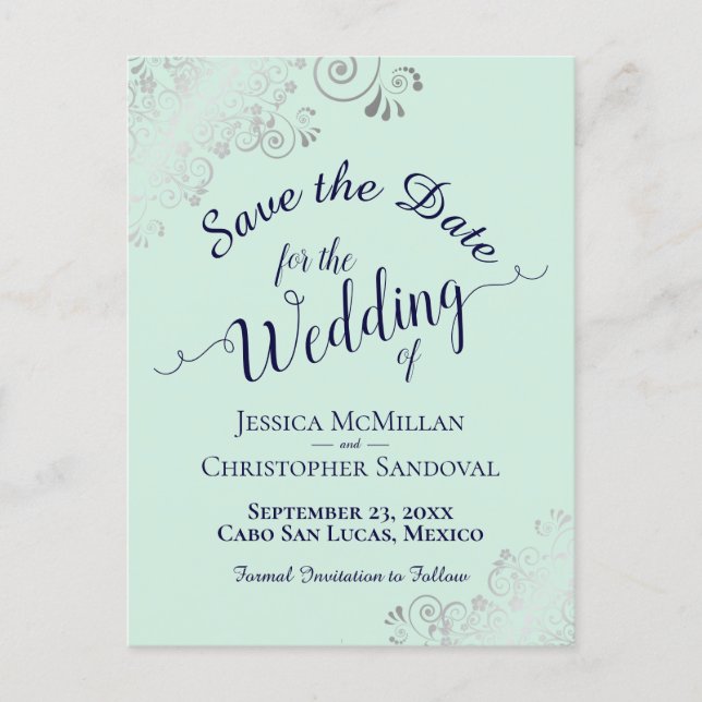 Silver Frills Mint & Navy Wedding Save the Date Announcement Postcard (Front)