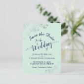 Silver Frills Mint & Navy Wedding Save the Date Announcement Postcard (Standing Front)