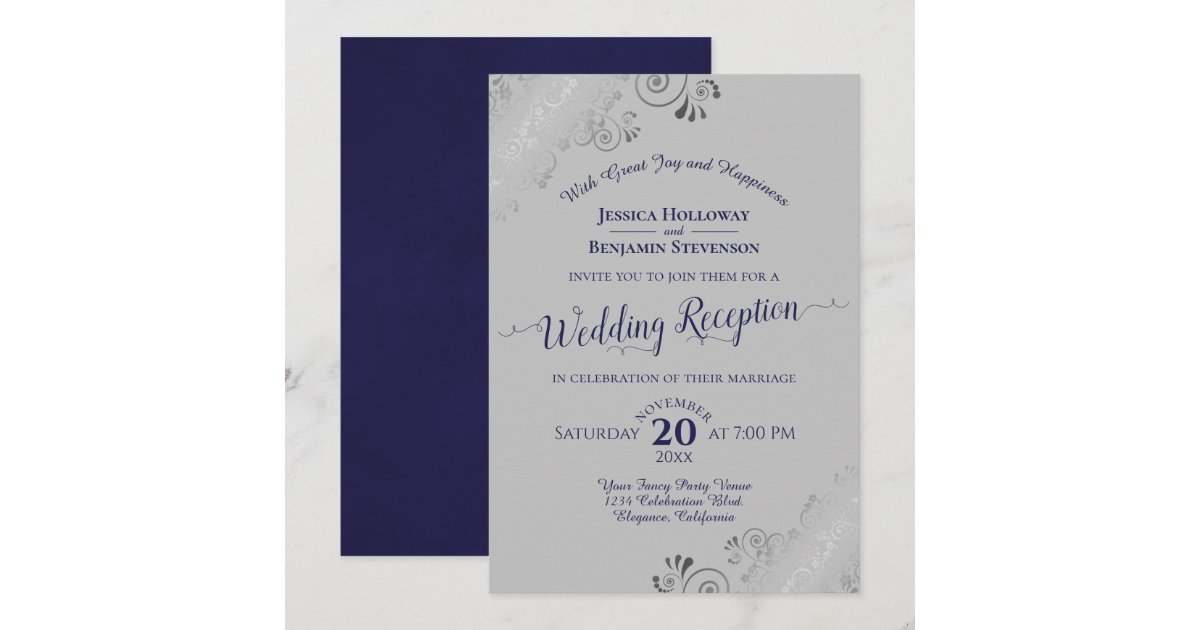 Silver Frills Navy Blue & Gray Wedding Reception Invitation | Zazzle