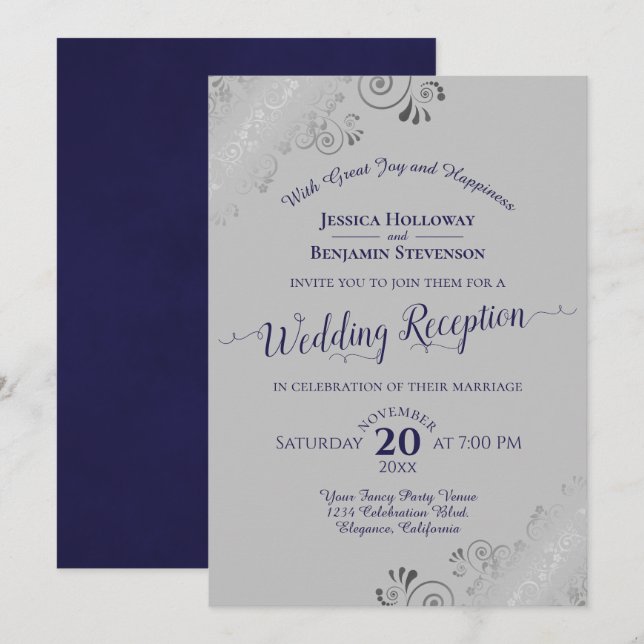 Silver Frills Navy Blue & Gray Wedding Reception Invitation (Front/Back)