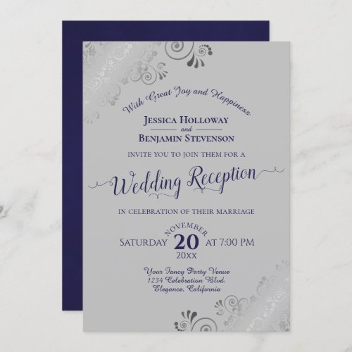 Silver Frills Navy Blue  Gray Wedding Reception Invitation