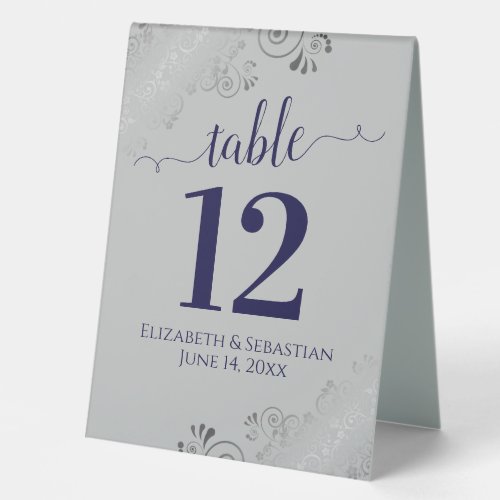 Silver Frills Navy Blue Gray Wedding Table Number Table Tent Sign