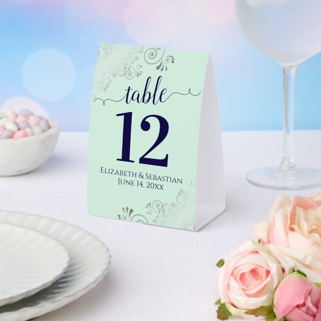 Silver Frills Navy Blue Mint Wedding Table Number Paper Table Tent (Insitu(Wedding))