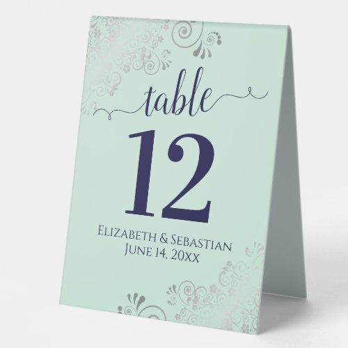 Silver Frills Navy Blue Mint Wedding Table Number Table Tent Sign