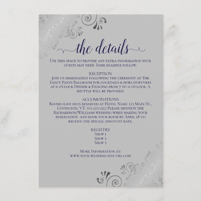 Silver Frills Navy Blue on Gray Wedding Details Enclosure Card (Front)