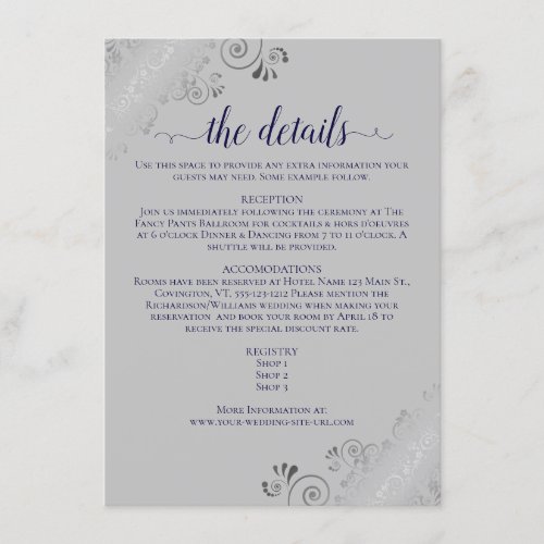 Silver Frills Navy Blue on Gray Wedding Details Enclosure Card