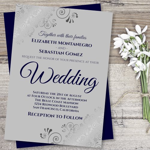 Silver Frills Navy Blue on Gray Wedding Invitation