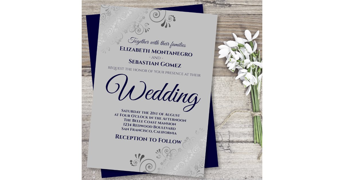 Silver Frills Navy Blue on Gray Wedding Invitation | Zazzle