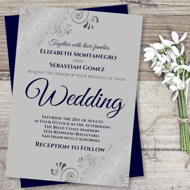 Silver Frills Navy Blue on Gray Wedding Invitation | Zazzle