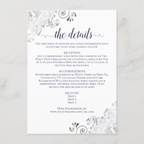 Silver Frills Navy Blue on White Wedding Details Enclosure Card