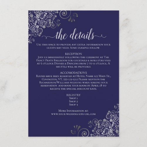 Silver Frills Navy Blue Wedding Details Enclosure Card