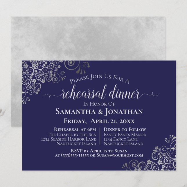 Silver Frills Navy Blue Wedding Rehearsal & Dinner Invitation (Front/Back)