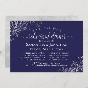 Silver Frills Navy Blue Wedding Rehearsal & Dinner Invitation