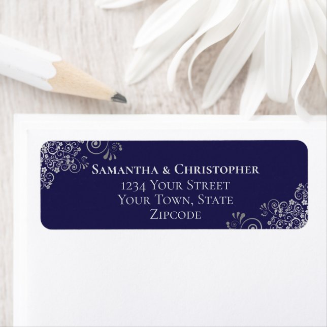 Silver Frills Navy Blue Wedding Return Address Label (Insitu)