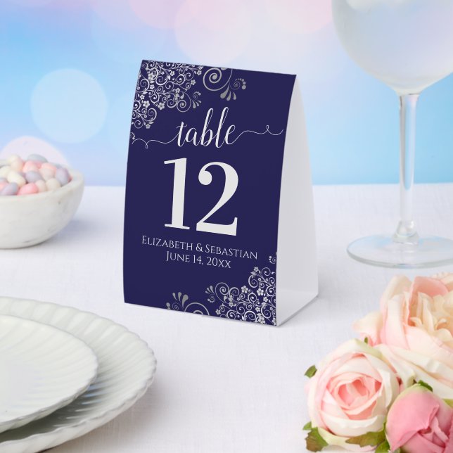 Silver Frills Navy Blue Wedding Table Number Paper Table Tent (Insitu(Wedding))