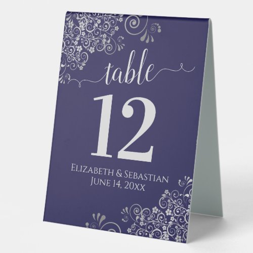 Silver Frills Navy Blue Wedding Table Number Table Tent Sign