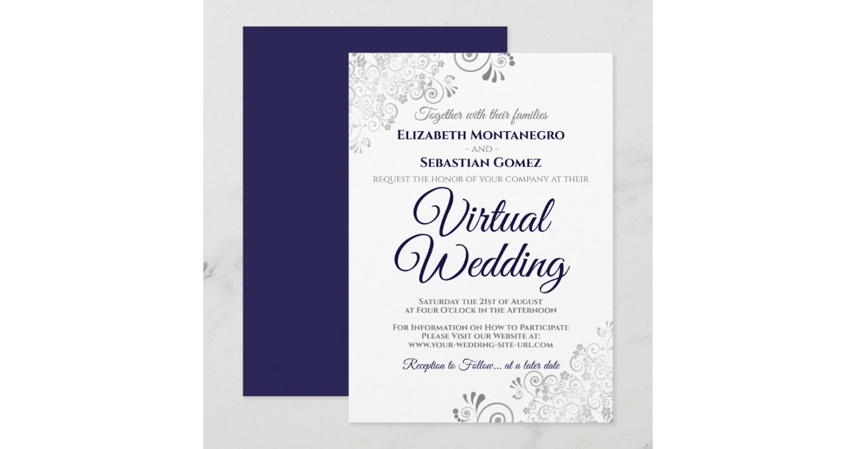 Silver Frills Navy Blue & White Virtual Wedding Invitation | Zazzle