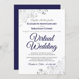Silver Frills Navy Blue & White Virtual Wedding Invitation