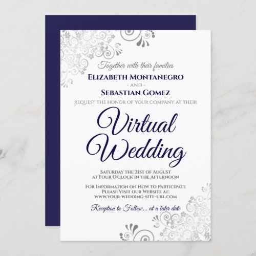 Silver Frills Navy Blue  White Virtual Wedding Invitation