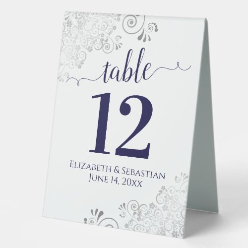 Silver Frills Navy Blue White Wedding Table Number Table Tent Sign