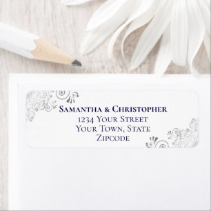 Silver Frills Navy on White Wedding Return Address Label