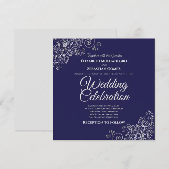 Silver Frills Navy Simple Elegant Square Wedding Invitation | Zazzle