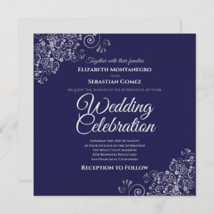 Silver Frills Navy Simple Elegant Square Wedding Invitation