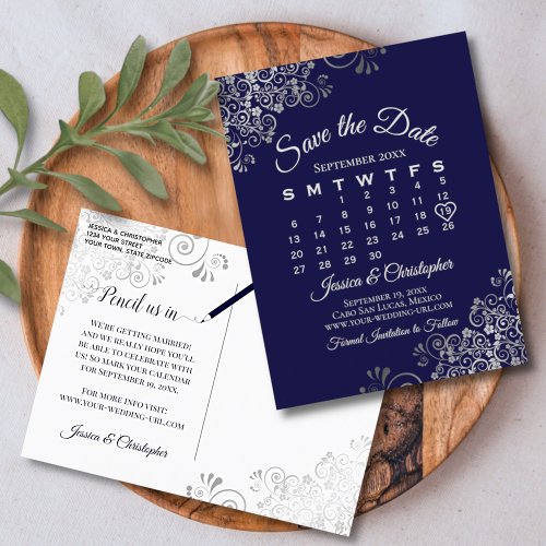 Silver Frills Navy Wedding Save the Date Calendar Announcement Postcard