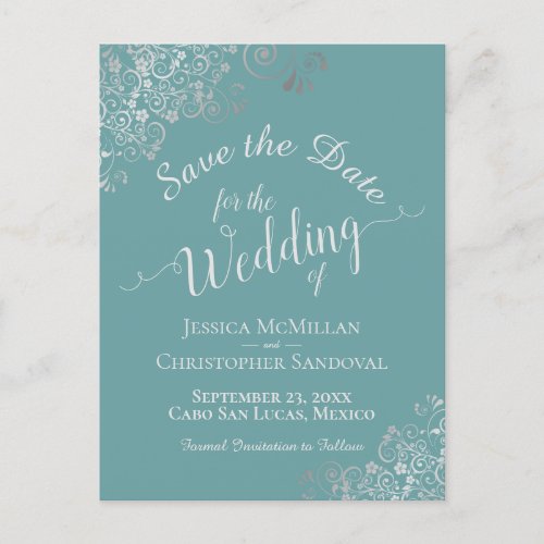 Silver Frills on Aqua Teal Wedding Save the Date Announcement Postcard