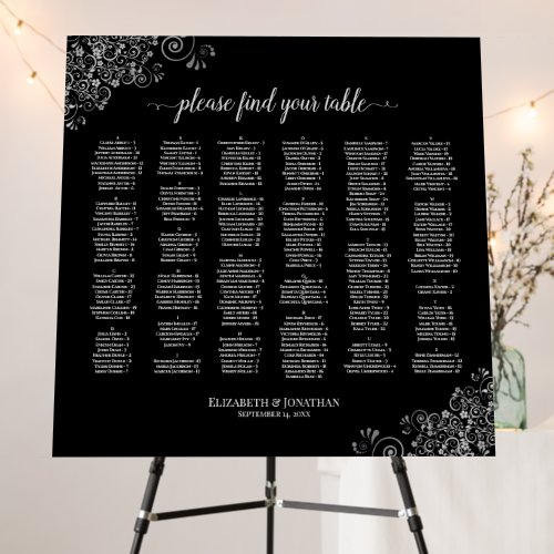 Silver Frills on Black Alphabetical Seating Chart Foam Board