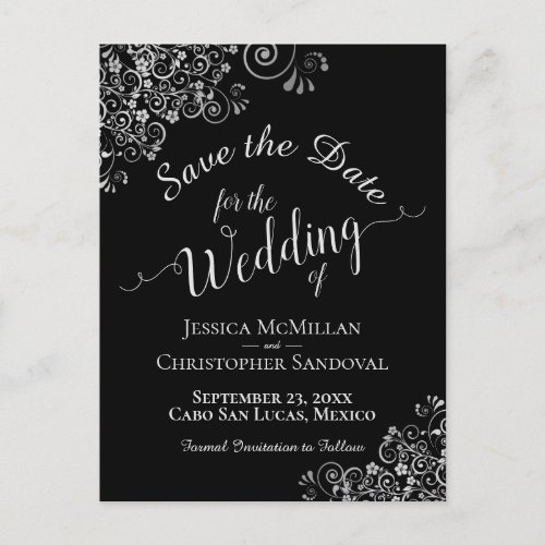 Silver Frills on Black Chic Wedding Save the Date Announcement Postcard