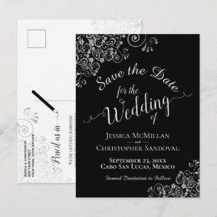 Silver Frills on Black Chic Wedding Save the Date Announcement Postcard