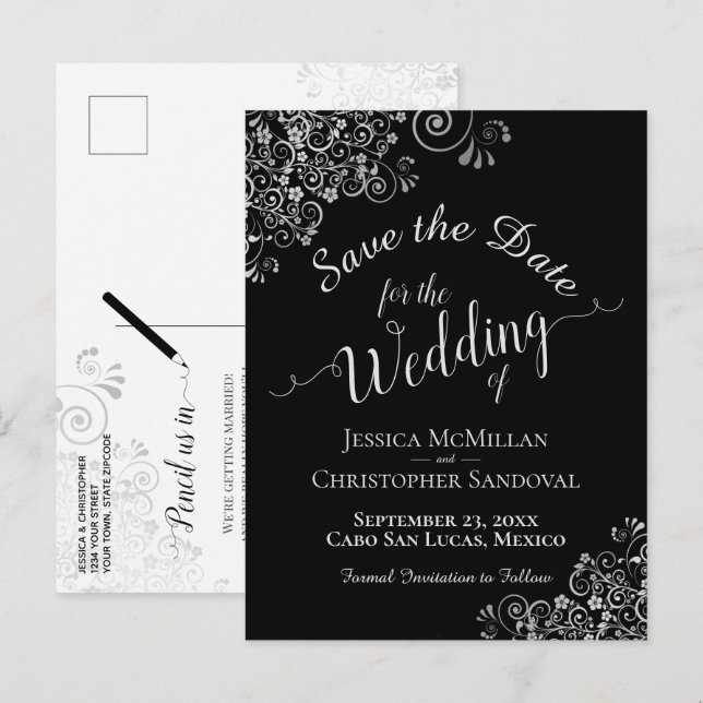 Silver Frills on Black Chic Wedding Save the Date Announcement Postcard (Front/Back)