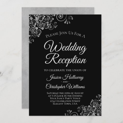 Silver Frills on Black Elegant Wedding Reception Invitation