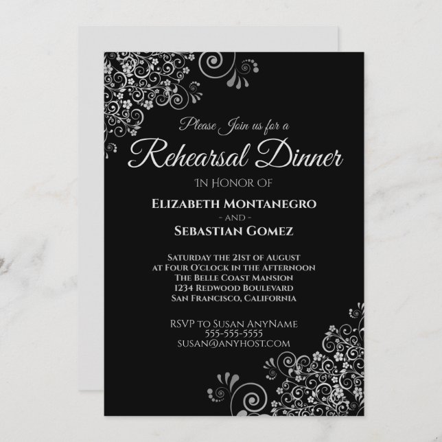 Silver Frills on Black Wedding Rehearsal Dinner Invitation (Front/Back)